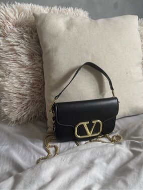 Black Leather Shoulder Bag with Gold Accent